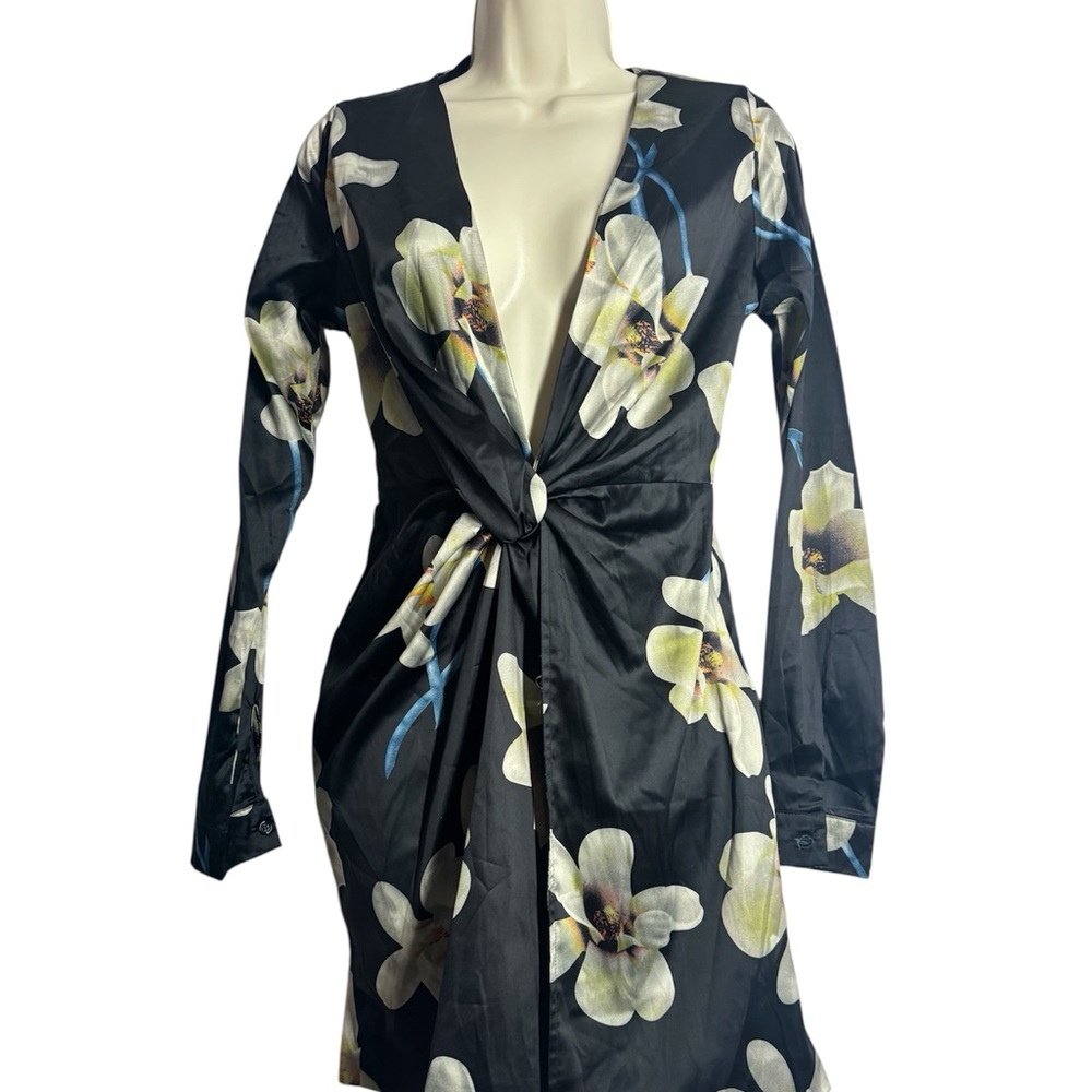 Fashion Nova Black Floral Twist-Front Dress with White & Yellow Flowers